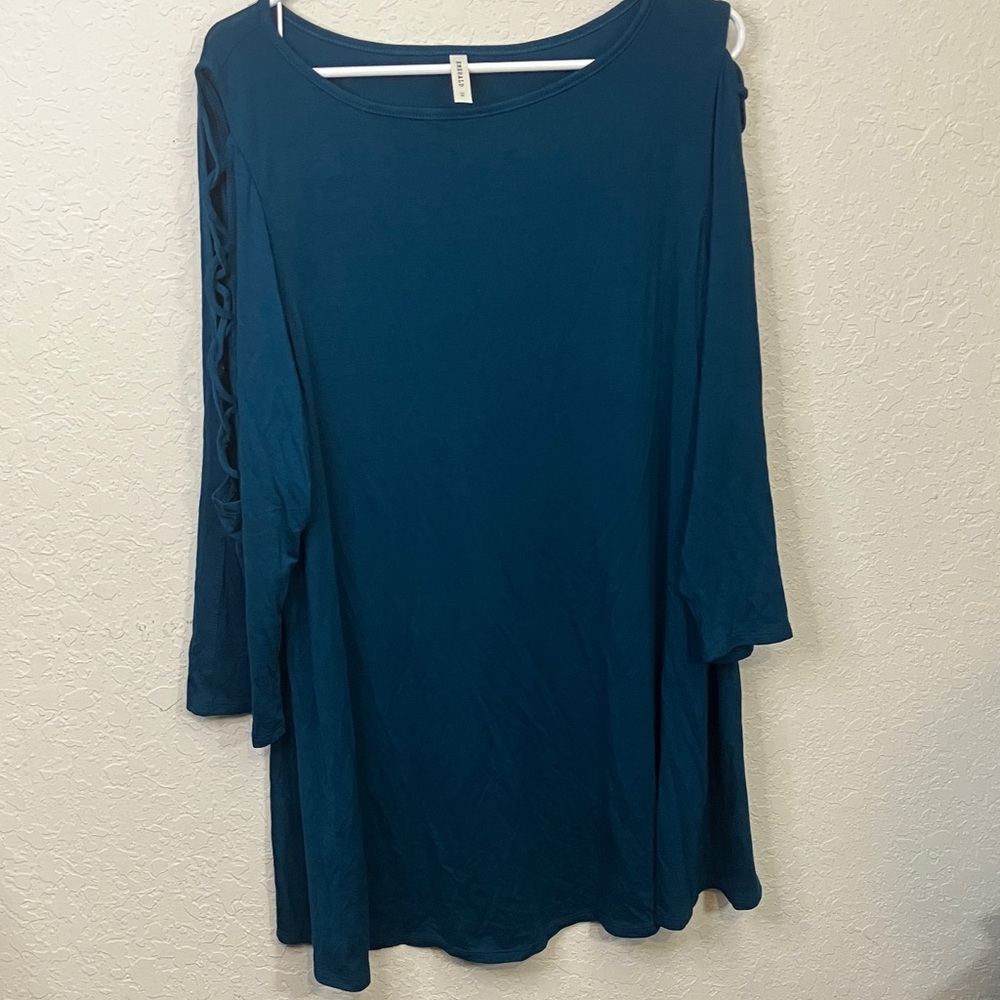 Deep Blue-green tunic top with sleeve cut outs